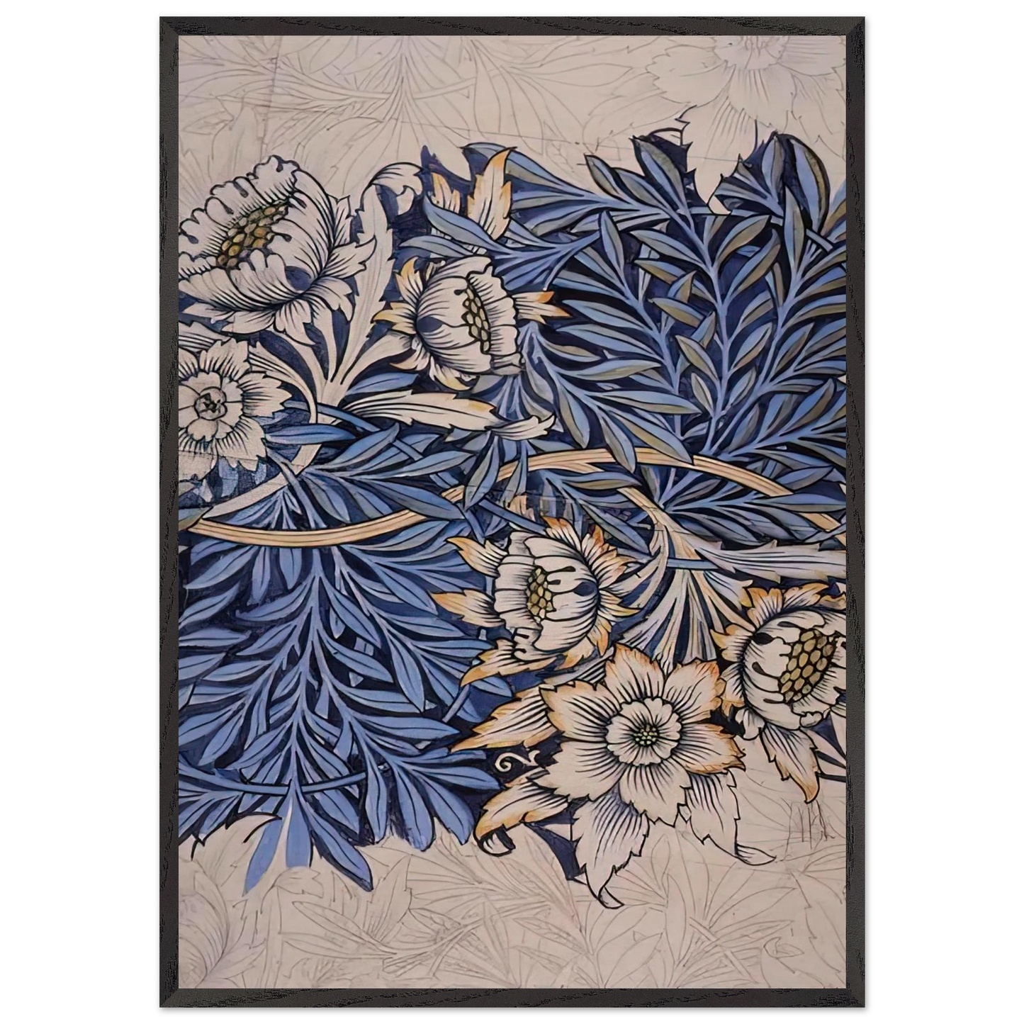 DESIGN FOR TULIP AND WILLOW INDIGO DISCHARGE WOOD BLOCK PRINTED FABRIC 1873 - William Morris 70x100 cm / 28x40 inches Framed Art Print – Black Wooden Frame