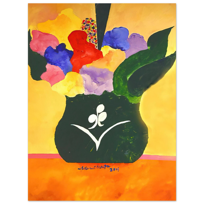 Aldemir Martins - Green Vase With Flowers and Fruit - 2001 75x100 cm / 30x40inches Fine Art Poster