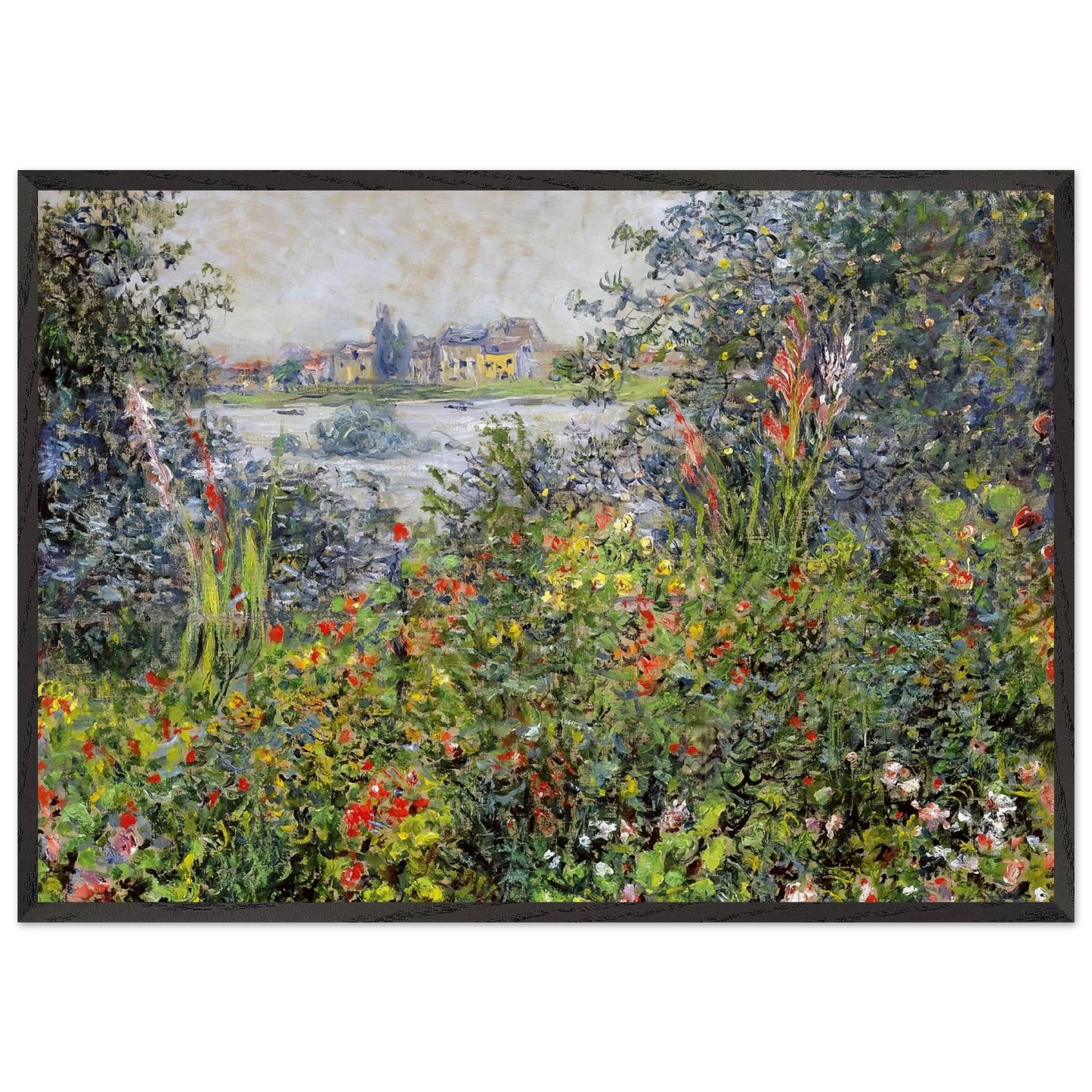 Flowers at Vetheuil - claude monet 70x100 cm / 28x40 inches Framed Art Print – Black Wooden Frame