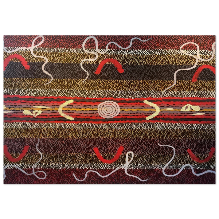 Men's Maliyarre Initiation Ceremony - 1999 - Clifford Possum Tjapaltjarri Brushed Aluminum Print - 70x100 cm / 28x40 inches | Clifford Possum Tjapaltjarri Aluminum Print | Clifford Possum Tjapaltjarri Prints