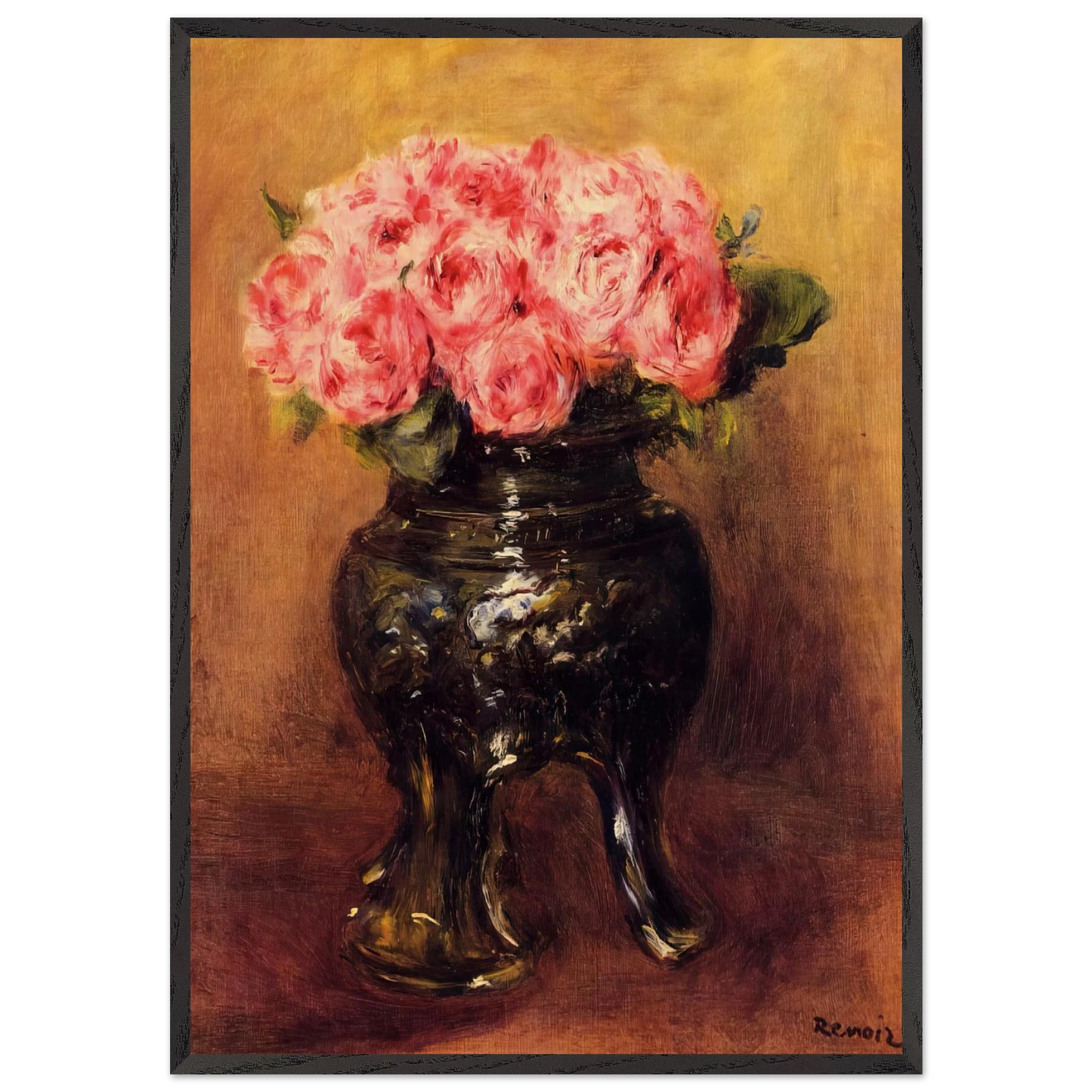 Roses in a China Vase - Pierre-Auguste Renoir 70x100 cm / 28x40 inches Framed Art Print – Black Wooden Frame