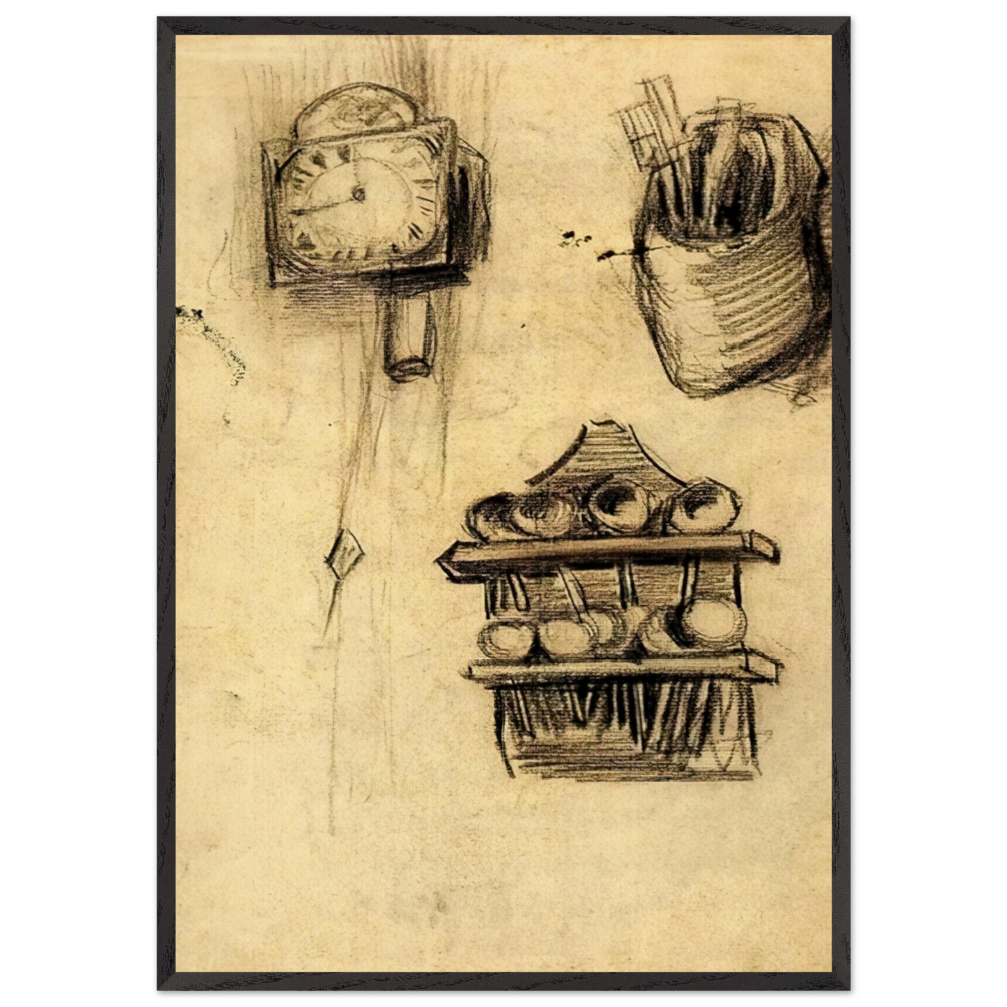 Clock Clog with Cutlery and a Spoon Rack - Vincent van Gogh 70x100 cm / 28x40 inches Framed Art Print – Black Wooden Frame