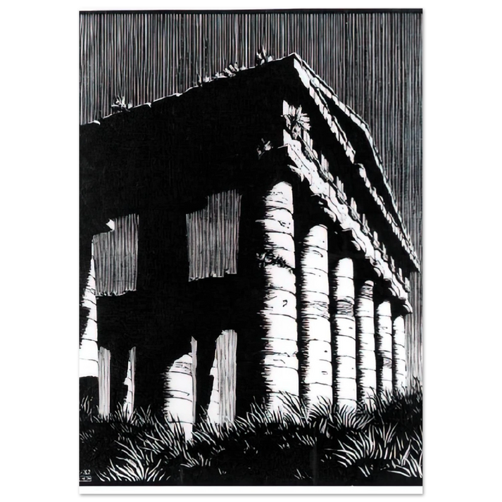 MC Escher - TEMPLE OF SEGESTE SICILY Wall Art - 21x29.7 cm / 8x12" - Premium Wooden Framed Poster With Fine Art Paper - Wood frame