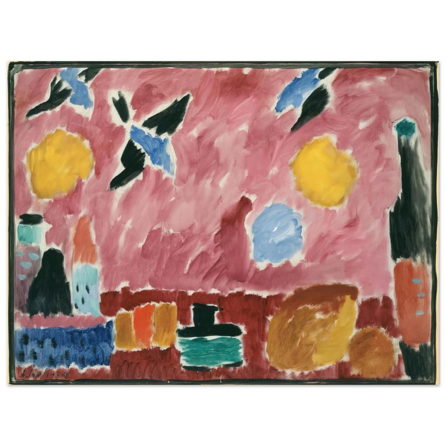 Alexej von Jawlensky - STILL LIFE WITH BOTTLE BREAD AND RED WALLPAPER WITH SWALLOWS 1915 75x100 cm / 30x40inches Fine Art Poster