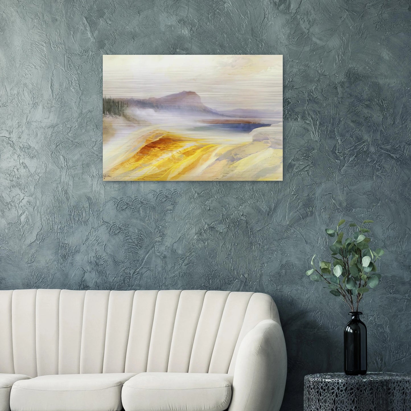 Great Blue Spring of the Lower Geyser Basin - Thomas Moran Brushed Aluminum Print - 70x100 cm / 28x40 inches | Thomas Moran Aluminum Print | Thomas Moran Prints