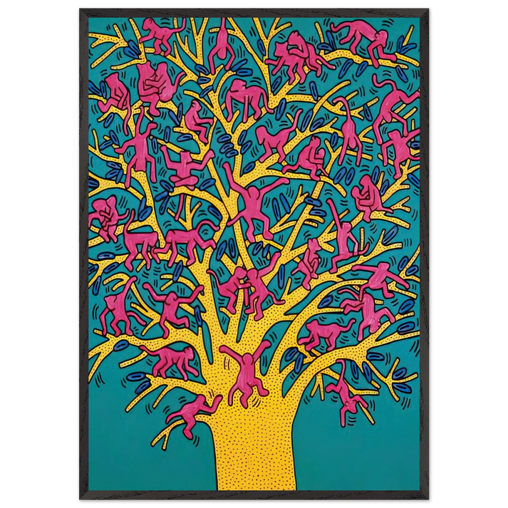 THE TREE OF MONKEYS N2 - Keith Haring 70x100 cm / 28x40 inches Framed Art Print – Black Wooden Frame