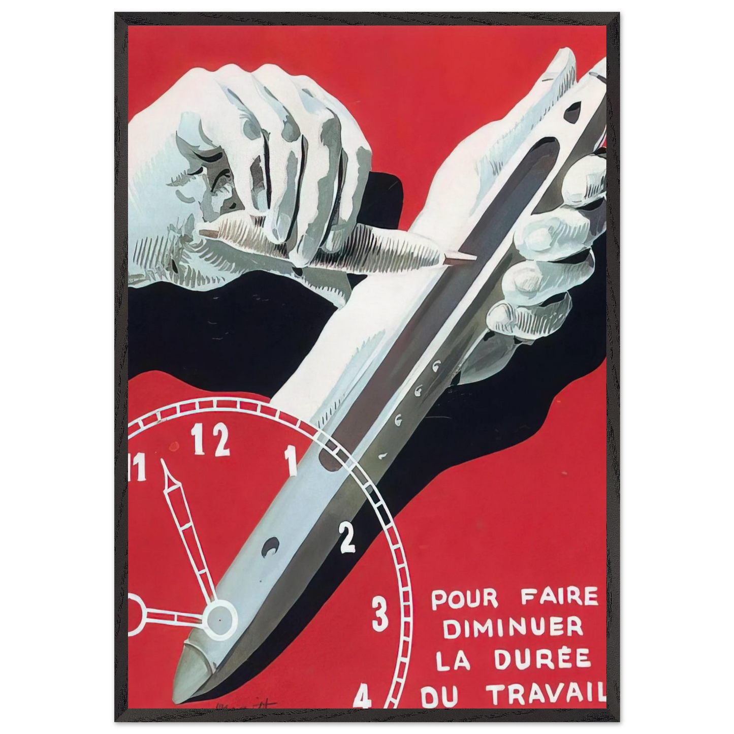 PROJECT OF POSTER THE CENTER OF TEXTILE WORKERS IN BELGIUM TO REDUCE WORKING HOURS 1938 - Rene Magritte 70x100 cm / 28x40 inches Framed Art Print – Black Wooden Frame