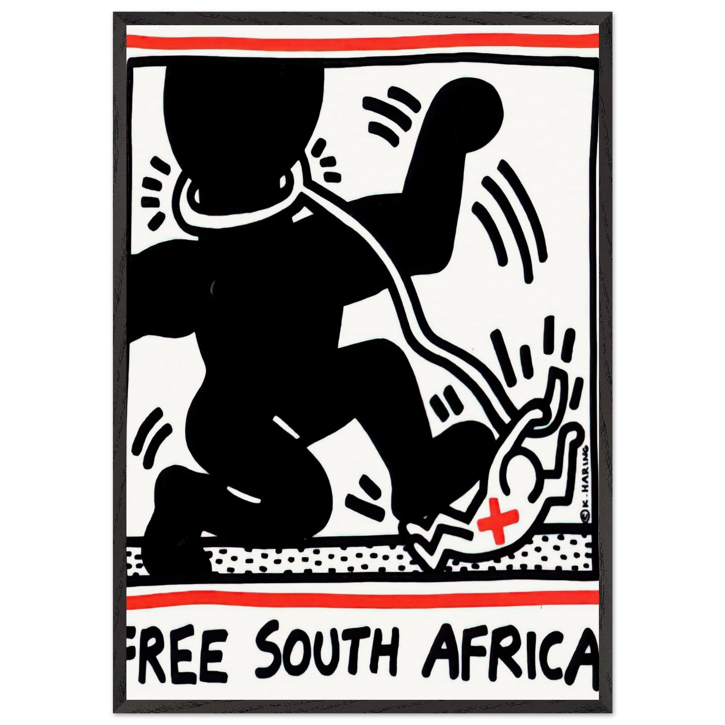 FREE SOUTH AFRICA 1985 N1 - Keith Haring 70x100 cm / 28x40 inches Framed Art Print – Black Wooden Frame