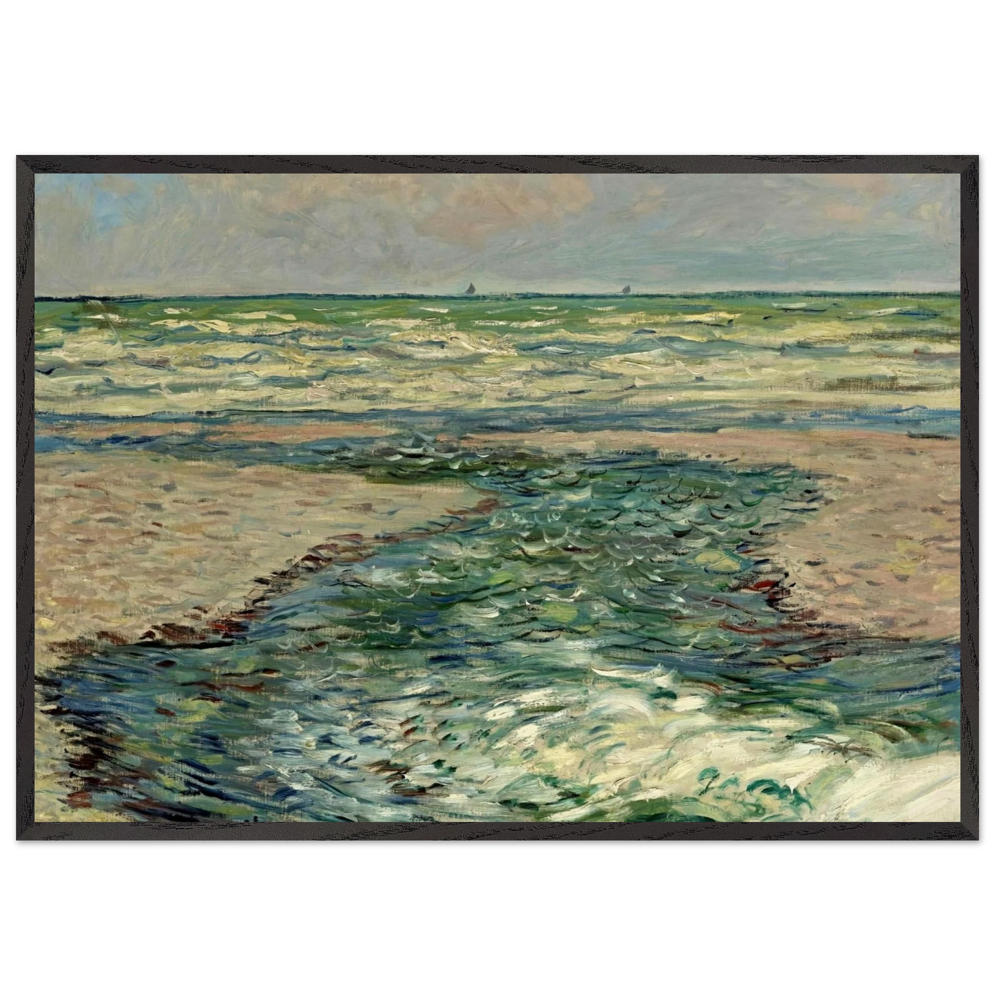 The Seacoast of Pourville Low Tide - claude monet 70x100 cm / 28x40 inches Framed Art Print – Black Wooden Frame