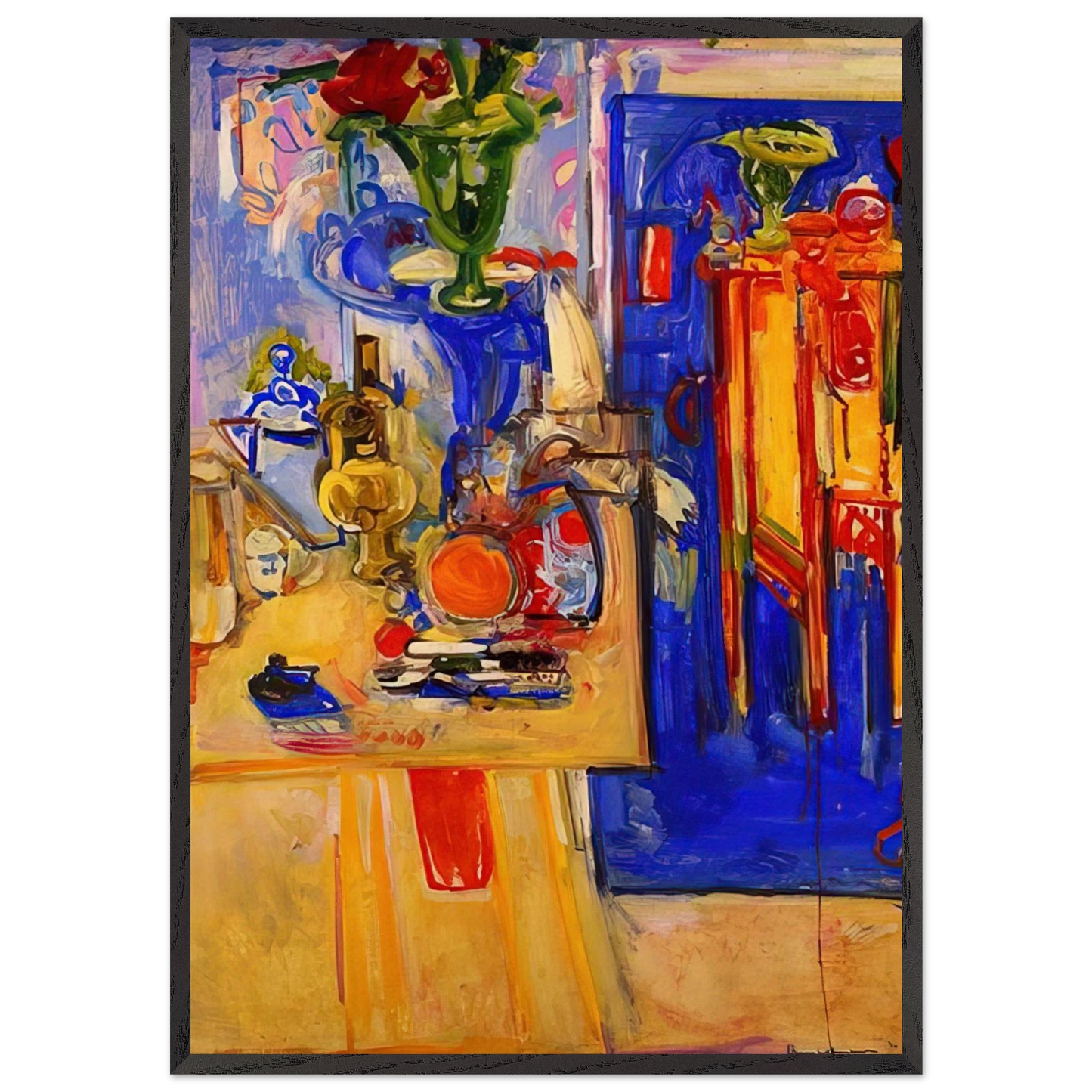 Table with Teakettle Green Vase and Red Flowers - Hans Hofmann 70x100 cm / 28x40 inches Framed Art Print – Black Wooden Frame