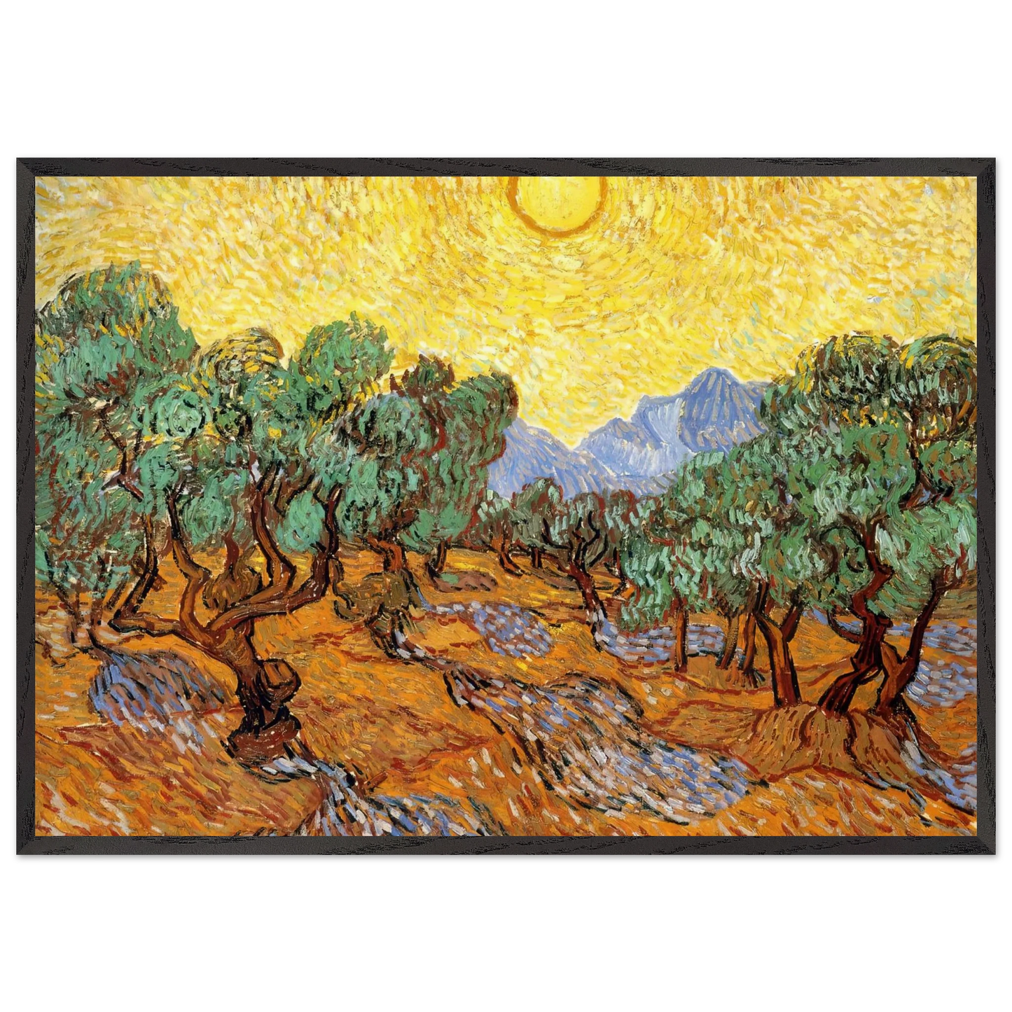 Olive Trees with Yellow Sky and Sun - Vincent van Gogh 70x100 cm / 28x40 inches Framed Art Print – Black Wooden Frame