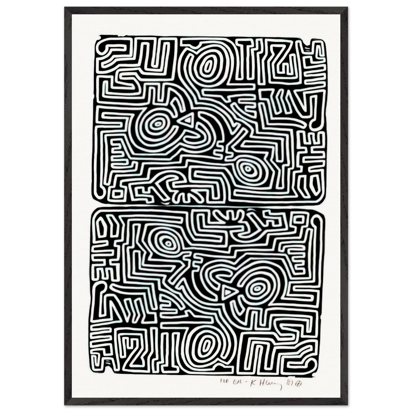 LABYRINTH 1989 N2 - Keith Haring 70x100 cm / 28x40 inches Framed Art Print – Black Wooden Frame