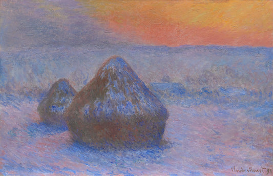 Banksy and Claude Monet: A Dialogue Across Centuries in Street Art and Impressionism - Stacks of Wheat Sunset, Snow Effect by claude monet