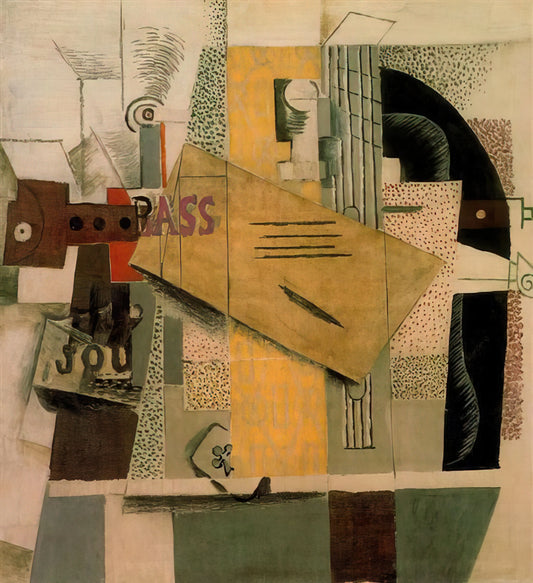 Corrida Picasso: The Bullfight in Picasso's Art and Its Enduring Legacy - Clarinet, bottle of bass, newspaper, ace of clubs - 1913 by Pablo Picasso