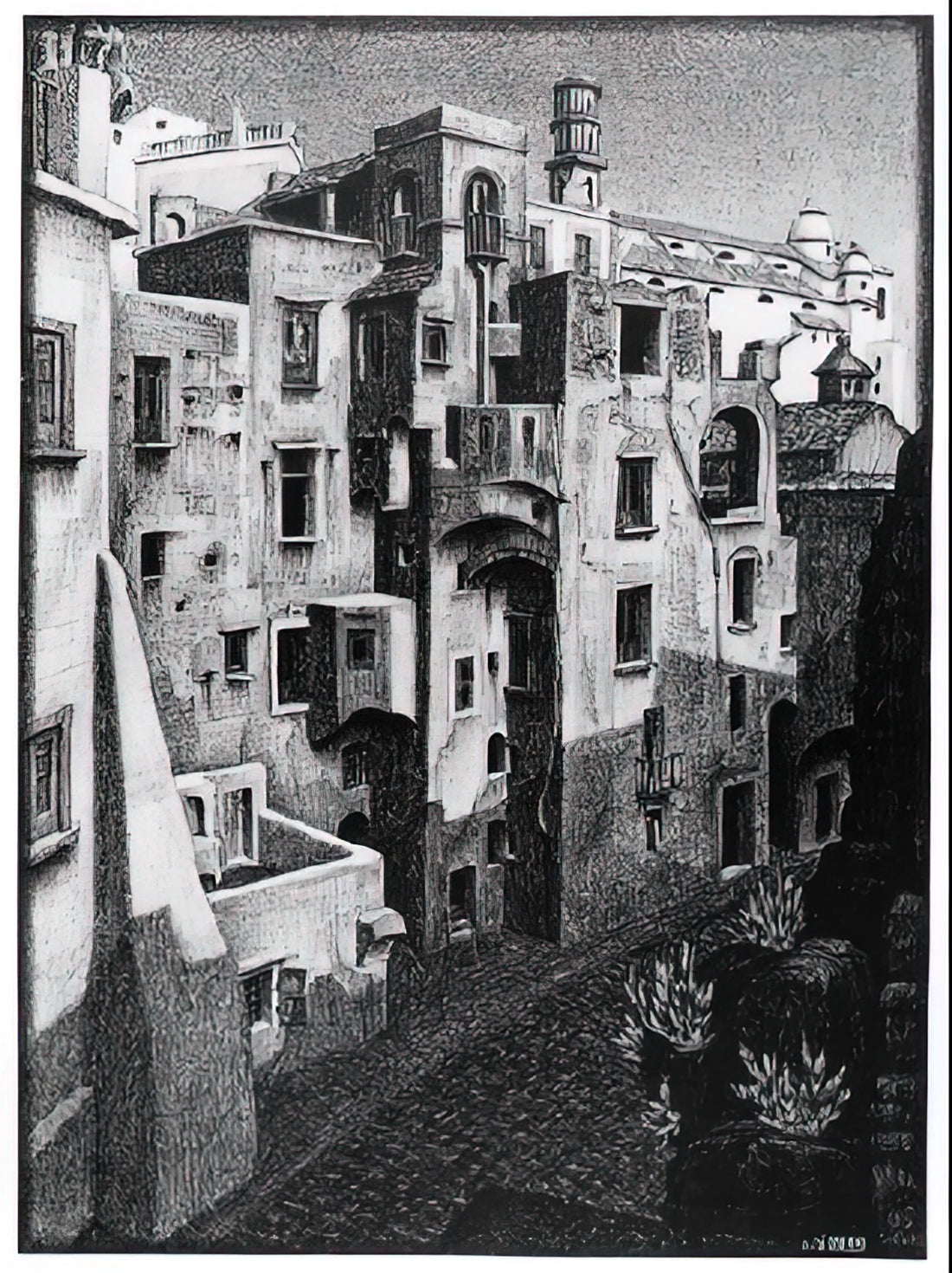 Escher Ex Libris: The Hidden World of Maurits Cornelis Escher's Bookplates - DILAPIDATED HOUSES IN ATRANI 1931 by MC Escher
