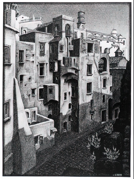 Escher Ex Libris: The Hidden World of Maurits Cornelis Escher's Bookplates - DILAPIDATED HOUSES IN ATRANI 1931 by MC Escher