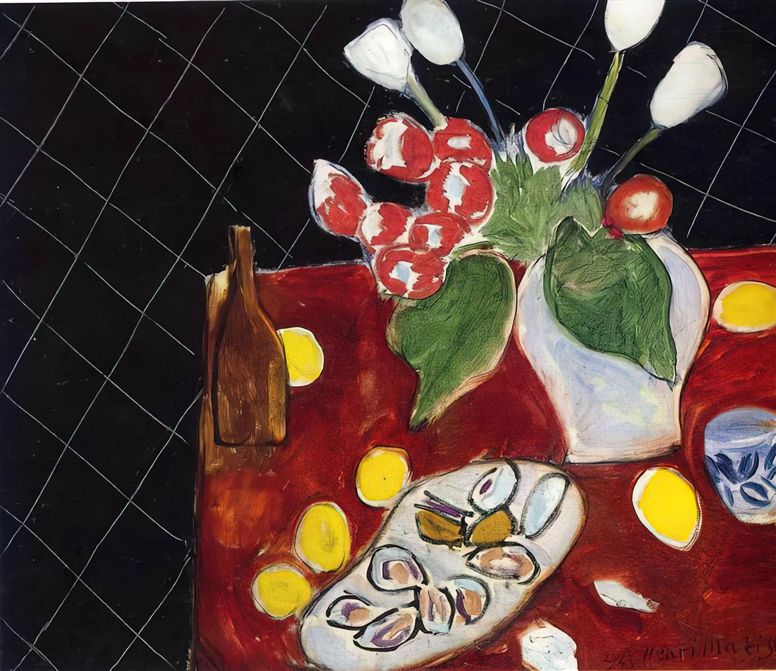 Henri Matisse Paintings: A Journey Through Color, Form, and Revolutionary Expression - TULIPS AND OYSTERS ON A BLACK BACKGROUND 1943 by Henri Matisse