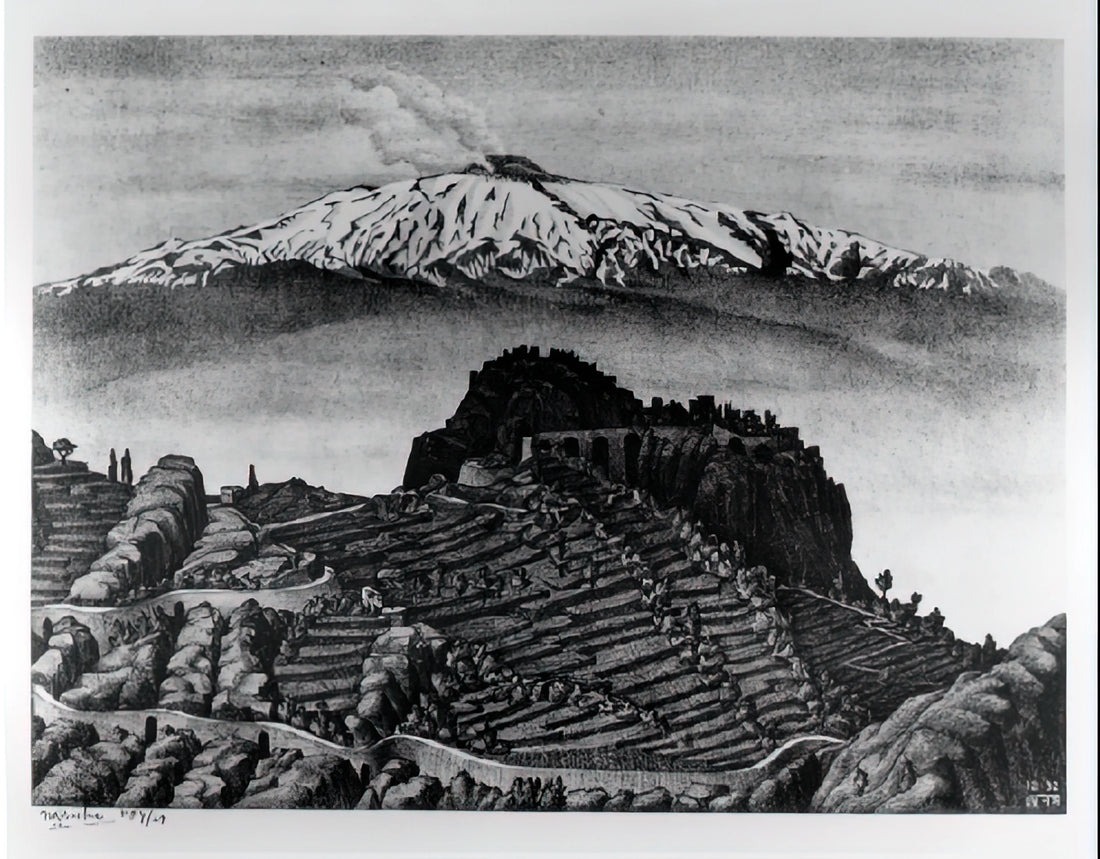 M.C. Escher and the Mauritshuis: A Curator's Guide to Artistic Intersections - CASTEL MOLA AND MOUNT ETNA SICILY DECEMBER 1932 1932 by MC Escher