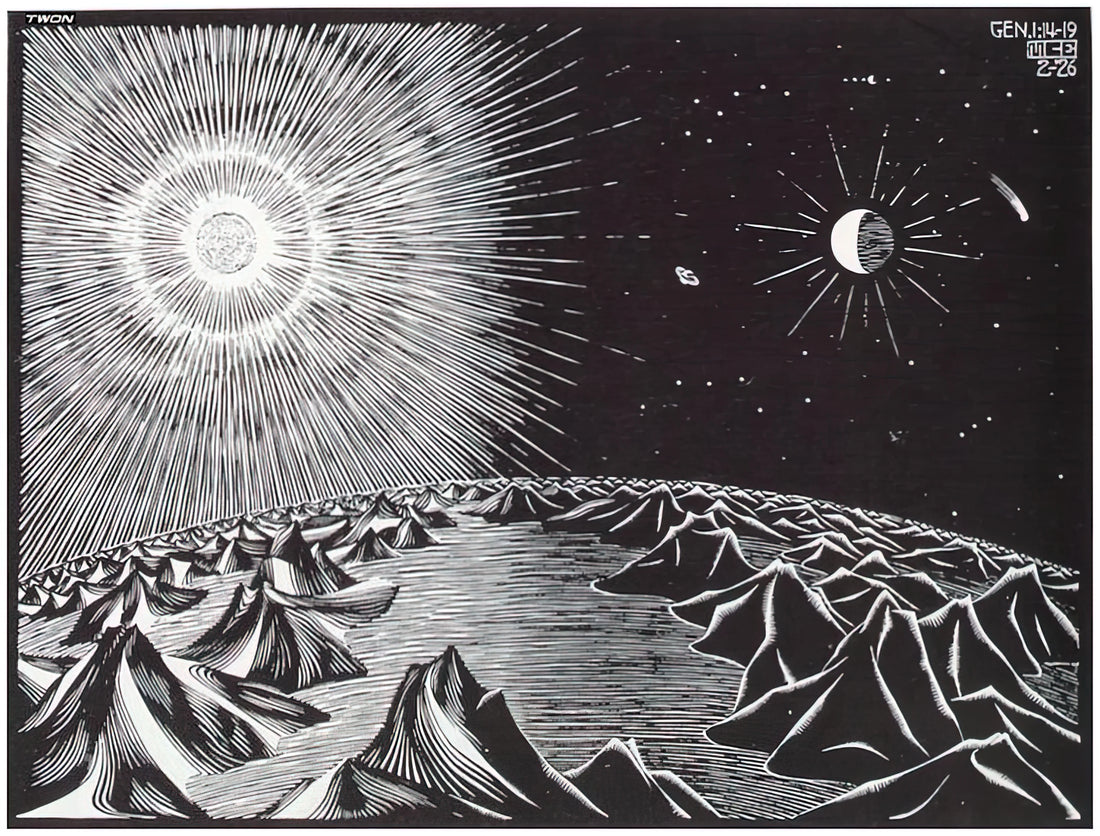M.C. Escher: The Master of Mathematical Art and Optical Illusions - THE 4TH DAY OF THE CREATION by MC Escher
