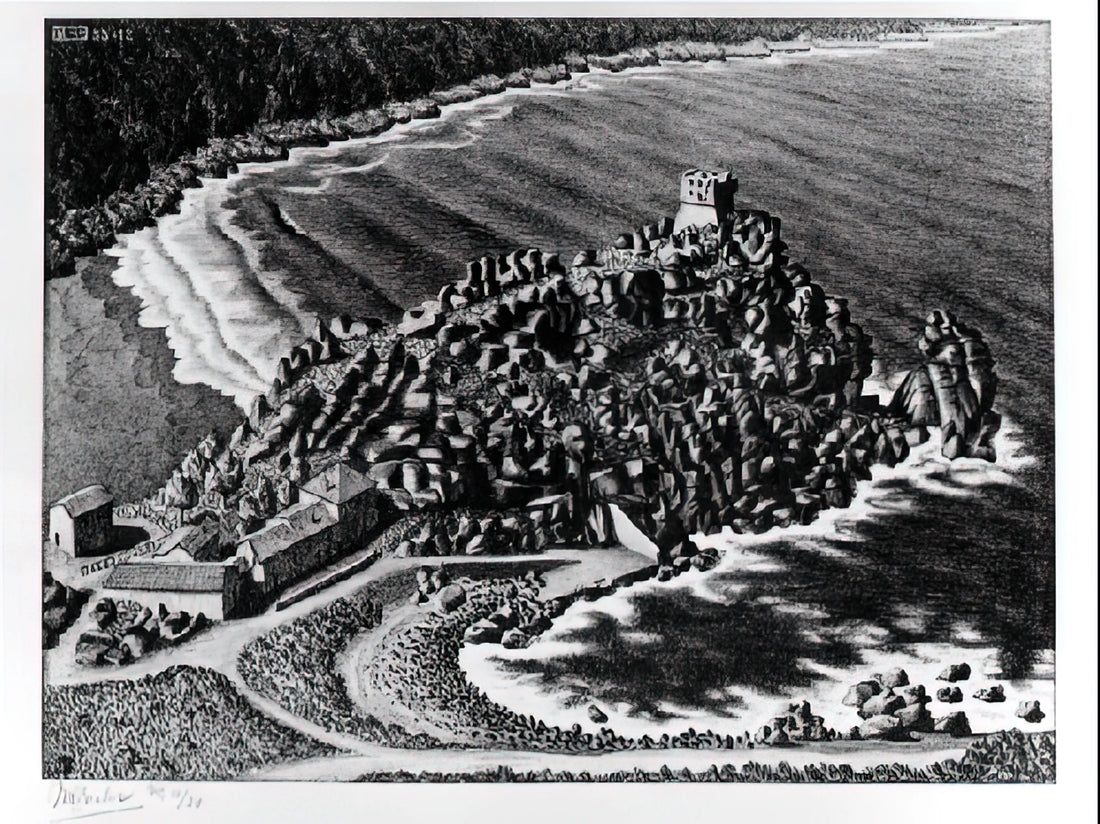 MC Escher Reptiles Print: A Masterpiece of Mathematical Art and Visual Paradox - GULF OF PORTO CORSICA DECEMBER 1933 1933 by MC Escher