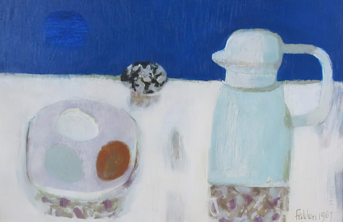 Mary Fedden Cat Paintings: A Curator's Guide to Her Whimsical Feline Art - Jug and Four Eggs - 1967 by Mary Fedden