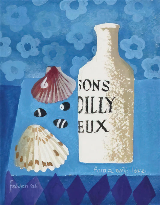 Mary Fedden Prints for Sale: A Collector's Guide to Her Joyful Modernist Art - Still life with bottle and shells - 2006 by Mary Fedden