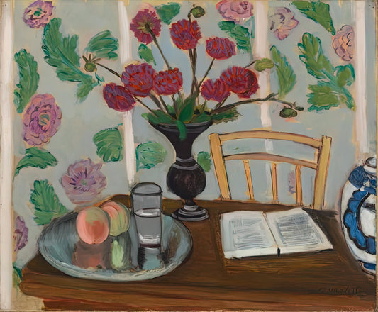 Matisse Cutout Pink Orange Poster: A Vibrant Masterpiece of Modern Art - STILL LIFE BOUQUET OF DAHLIAS AND WHITE BOOK 1923 by Henri Matisse