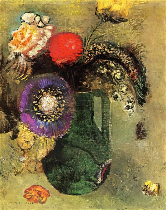 Odilon Redon Pastels: The Dreamlike Mastery of Color and Symbolism - FLOWERS IN GREEN VASE WITH HANDLES by Odilon Redon