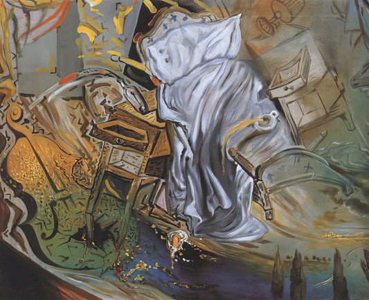 Salvador Dalí Canvas Art: A Collector's Guide to Surrealist Masterpieces - BED AND TWO BEDSIDE TABLES FEROCIOUSLY ATTACKING A CELLO FINAL STAGE by Salvador Dali
