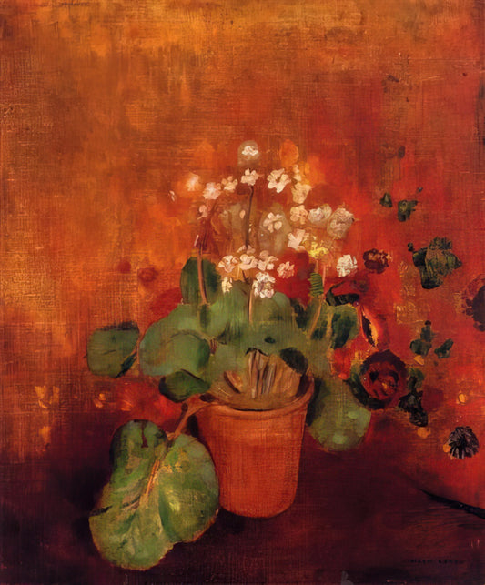 Unveiling the Mystical World of Odilon Redon: A Journey into Symbolism and the Subconscious - FLOWERS IN A POT ON A RED BACKGROUND by Odilon Redon
