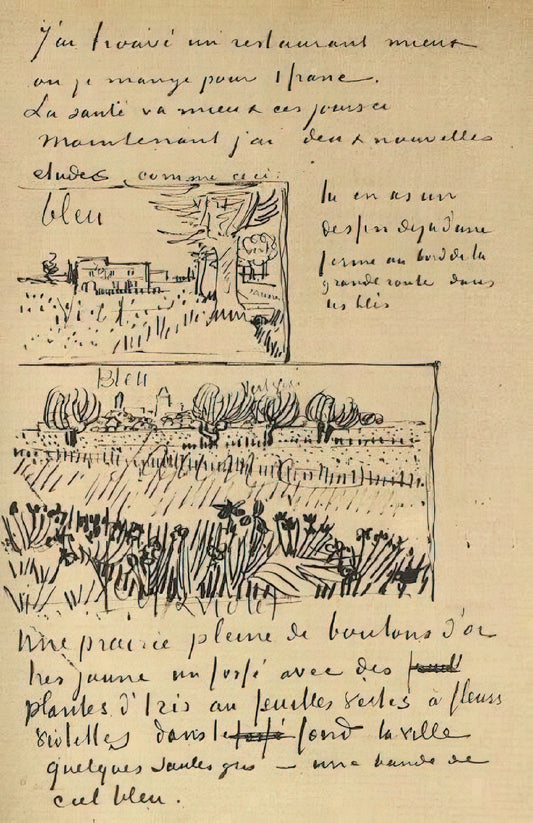 Van Gogh's Starry Night: A Masterpiece in the Museum and Beyond - Farmhouse with Wheat Field along a Road and Field with Flowers by Vincent van Gogh