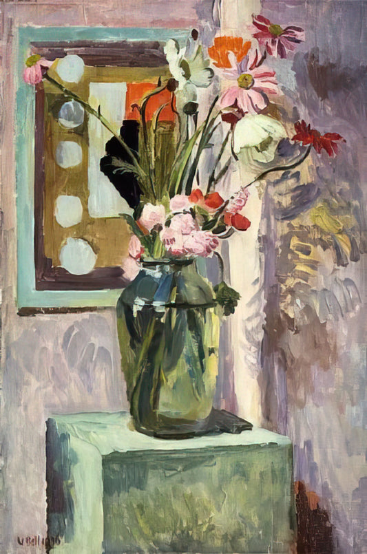 Vanessa Bell by Duncan Grant: A Portrait of Artistic Kinship and Modernist Vision - FLOWERS IN A GLASS VASE WITH ABSTRACT NEEDLEWORK DESIGN by Vanessa Bell