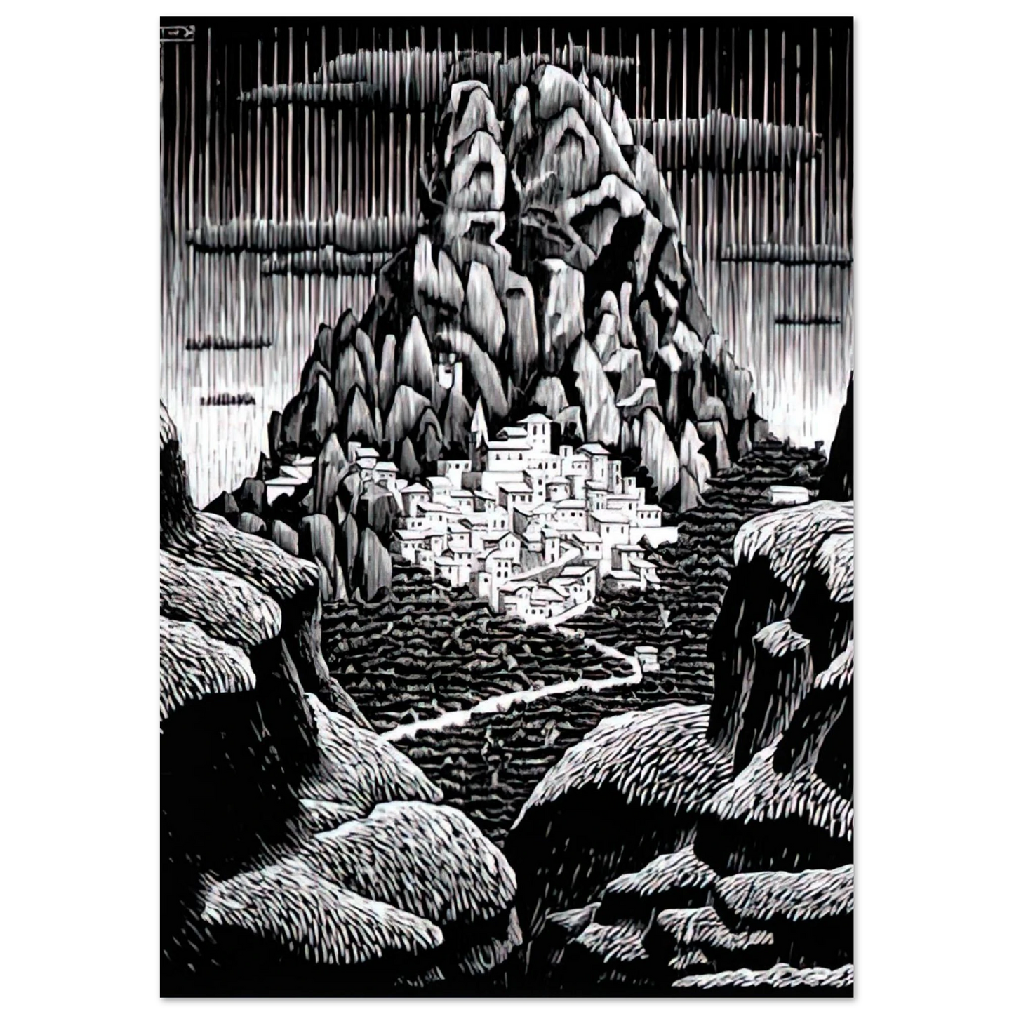 MC Escher - PENTEDATTIO CALABRIA JANUARY 1930 1930 Wall Art - 21x29.7 cm / 8x12" - Premium Wooden Framed Poster With Fine Art Paper-canvas - White frame