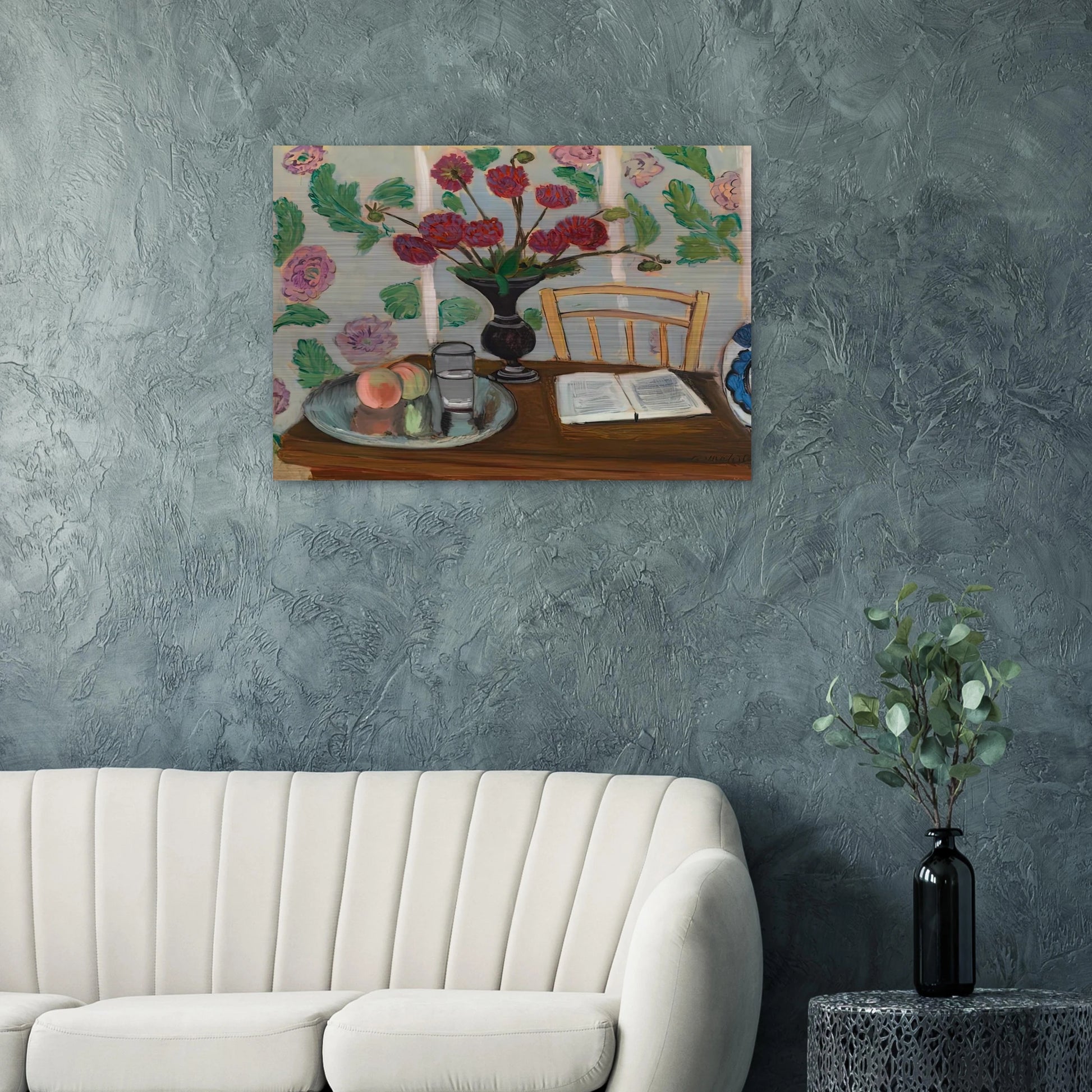 STILL LIFE BOUQUET OF DAHLIAS AND WHITE BOOK 1923 - Henri Matisse Brushed Aluminum Print - 70x100 cm / 28x40 inches | Henri Matisse Aluminum Print | Henri Matisse Prints