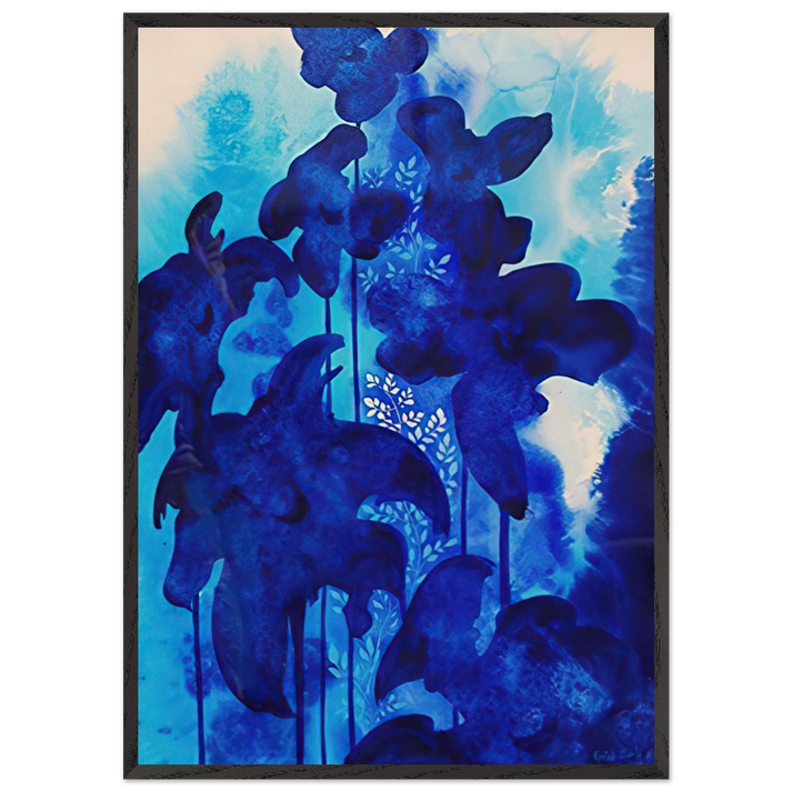 Blue Floral - Eyvind Earle 70x100 cm / 28x40 inches Framed Art Print – Black Wooden Frame