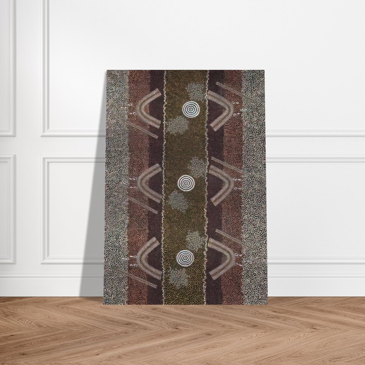 Ground and Body Designs Used in Ceremonies at Arranki on Mt Allan Station - 1982 - Clifford Possum Tjapaltjarri Brushed Aluminum Print - 70x100 cm / 28x40 inches | Clifford Possum Tjapaltjarri Aluminum Print | Clifford Possum Tjapaltjarri Prints