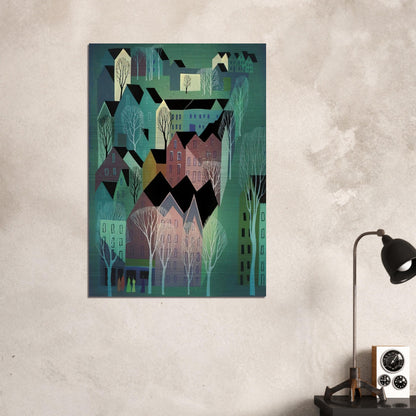 Village - Eyvind Earle Brushed Aluminum Print - 70x100 cm / 28x40 inches | Eyvind Earle Aluminum Print | Eyvind Earle Prints