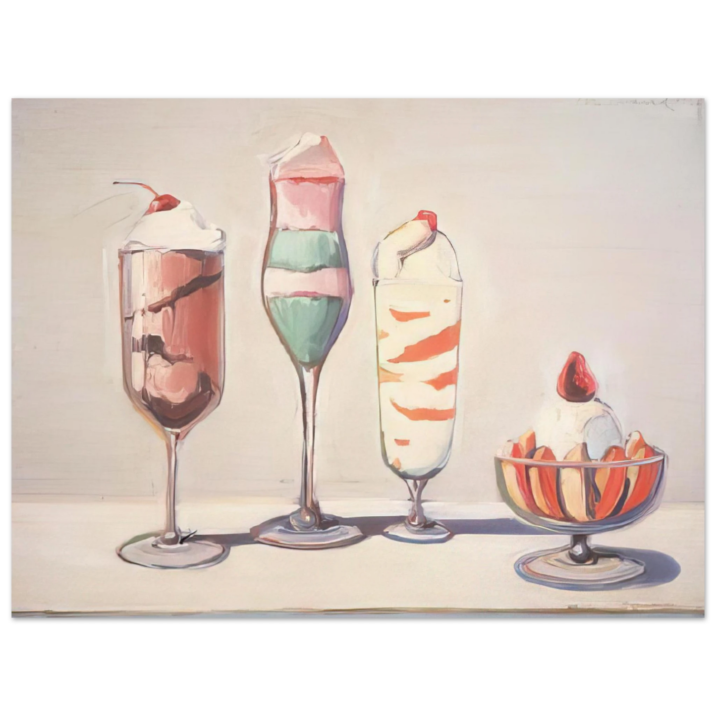 Wayne Thiebaud - Four Sundaes - Pop Art Wall Art - 21x29.7 cm / 8x12" - Premium Wooden Framed Poster With Fine Art Paper-canvas - White frame