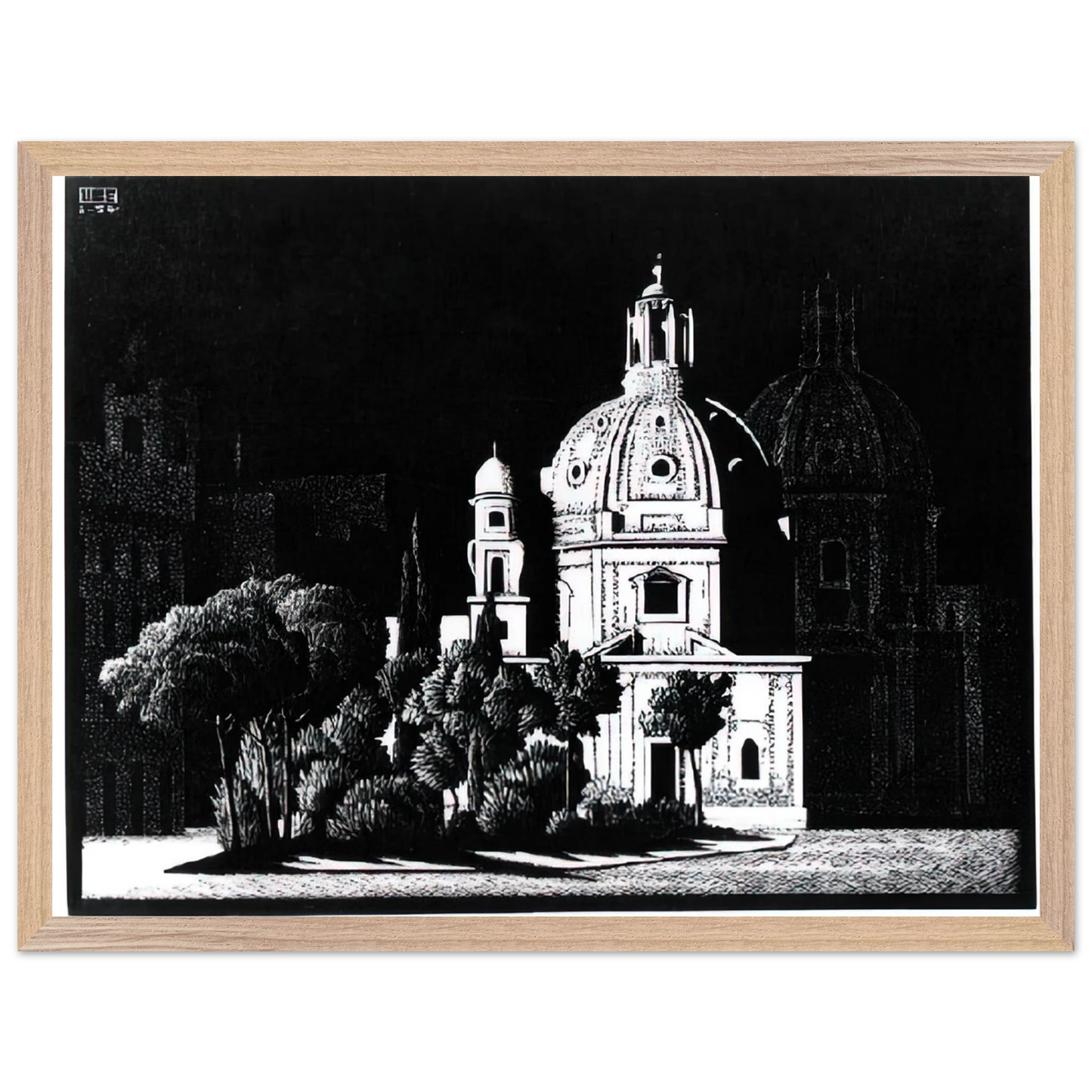 MC Escher - NOCTURNAL ROME 1 Wall Art - 30x40 cm / 12x16 inches - Premium Wooden Framed Poster With Fine Art Paper - White frame