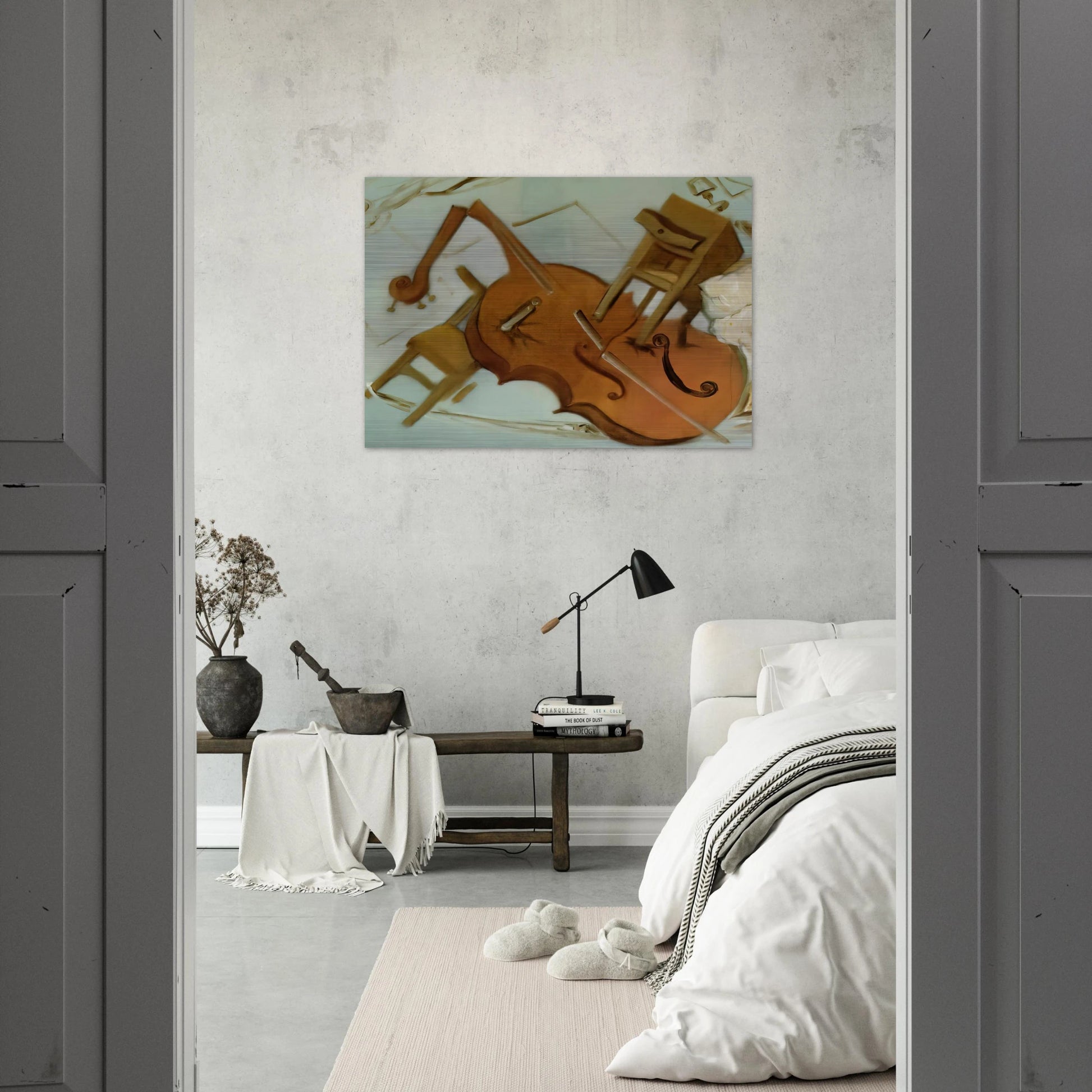 BED CHAIR AND BEDSIDE TABLE FEROCIOUSLY ATTACKING A CELLO - Salvador Dali Brushed Aluminum Print - 70x100 cm / 28x40 inches | Salvador Dali Aluminum Print | Salvador Dali Prints