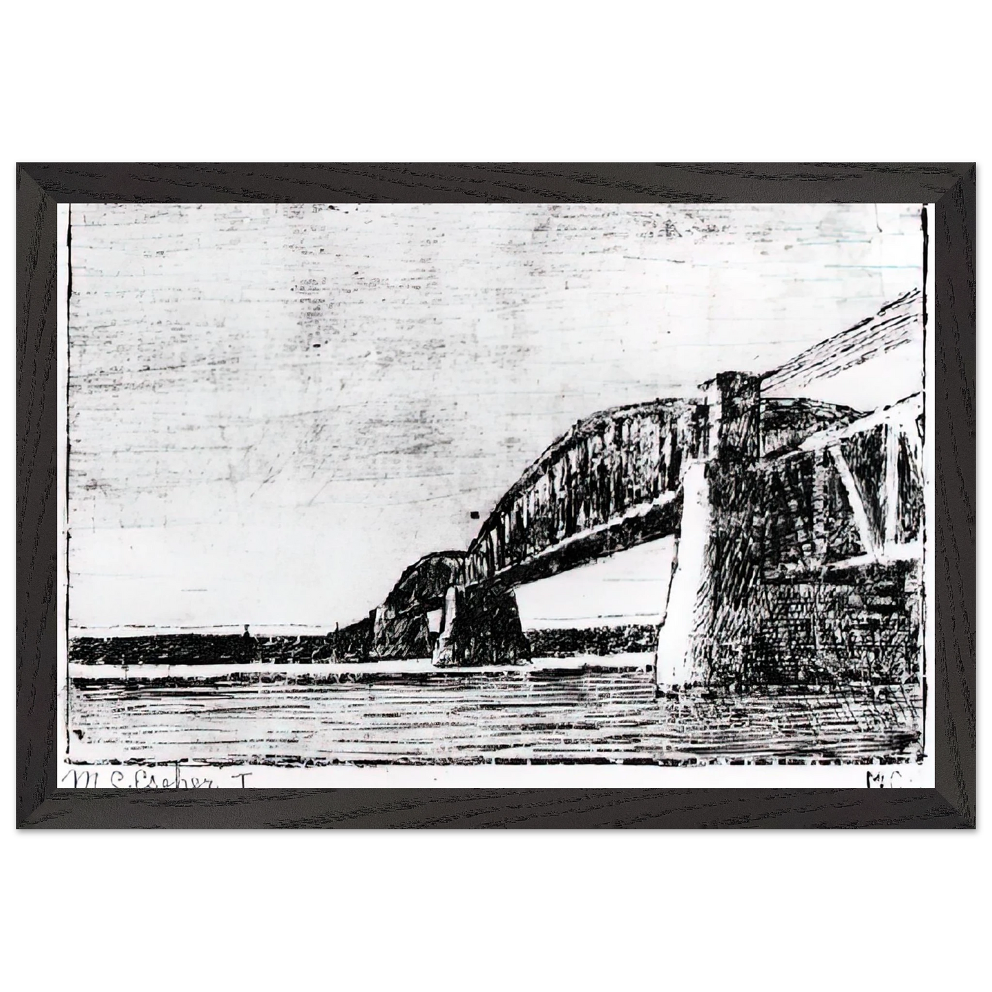 MC Escher - RAILWAY BRIDGE OOSTERBEEK Wall Art - 21x29.7 cm / 8x12" - Premium Wooden Framed Poster With Fine Art Paper-canvas - Black frame