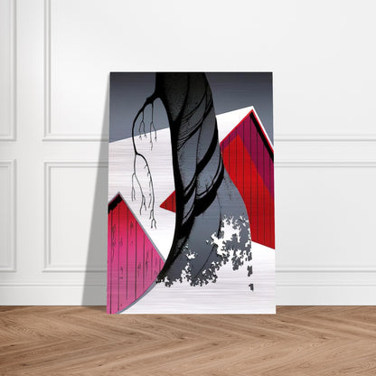 Red Barn and Grey Sky - Eyvind Earle Brushed Aluminum Print - 70x100 cm / 28x40 inches | Eyvind Earle Aluminum Print | Eyvind Earle Prints
