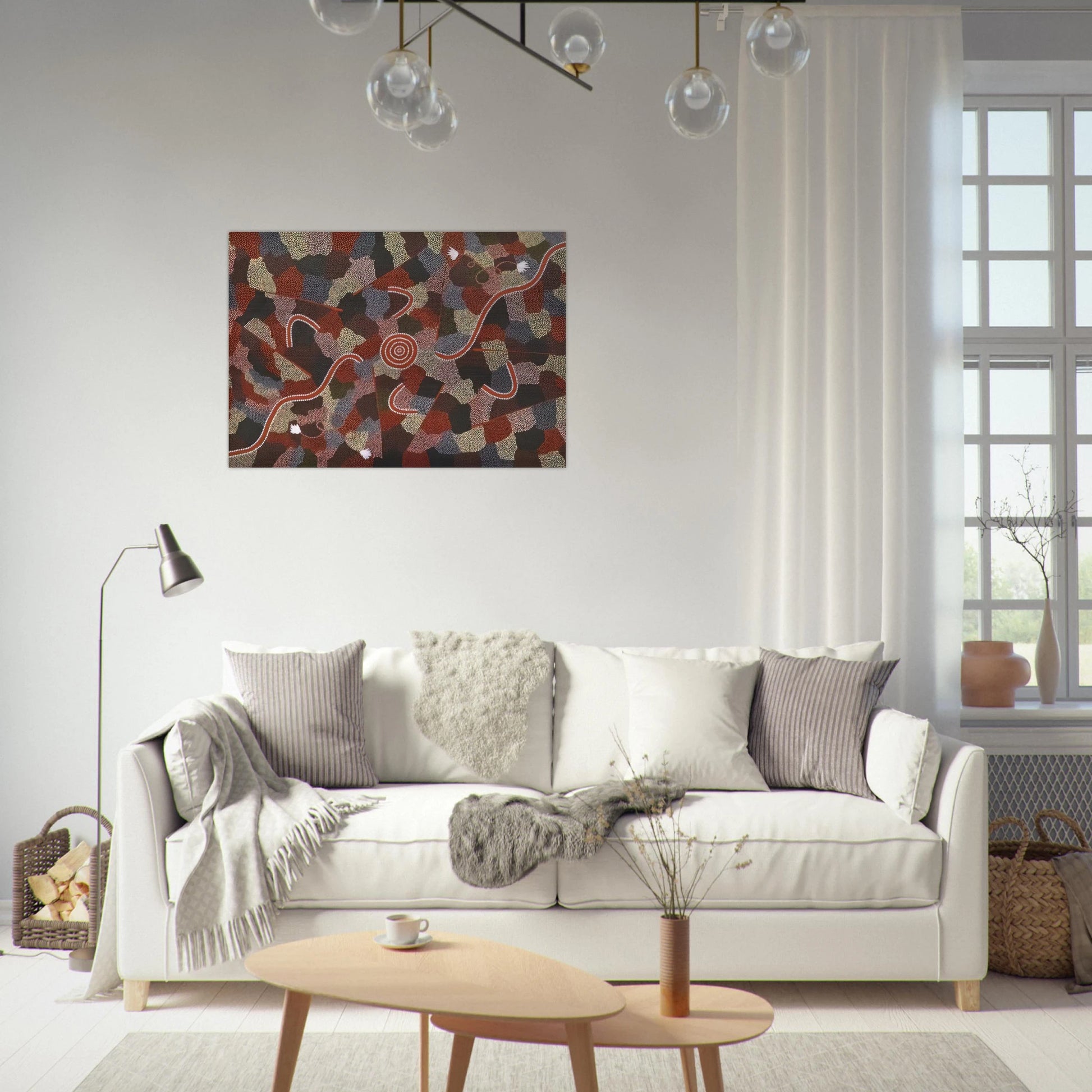 Family Dreaming - Native Art - Clifford Possum Tjapaltjarri Brushed Aluminum Print - 70x100 cm / 28x40 inches | Clifford Possum Tjapaltjarri Aluminum Print | Clifford Possum Tjapaltjarri Prints