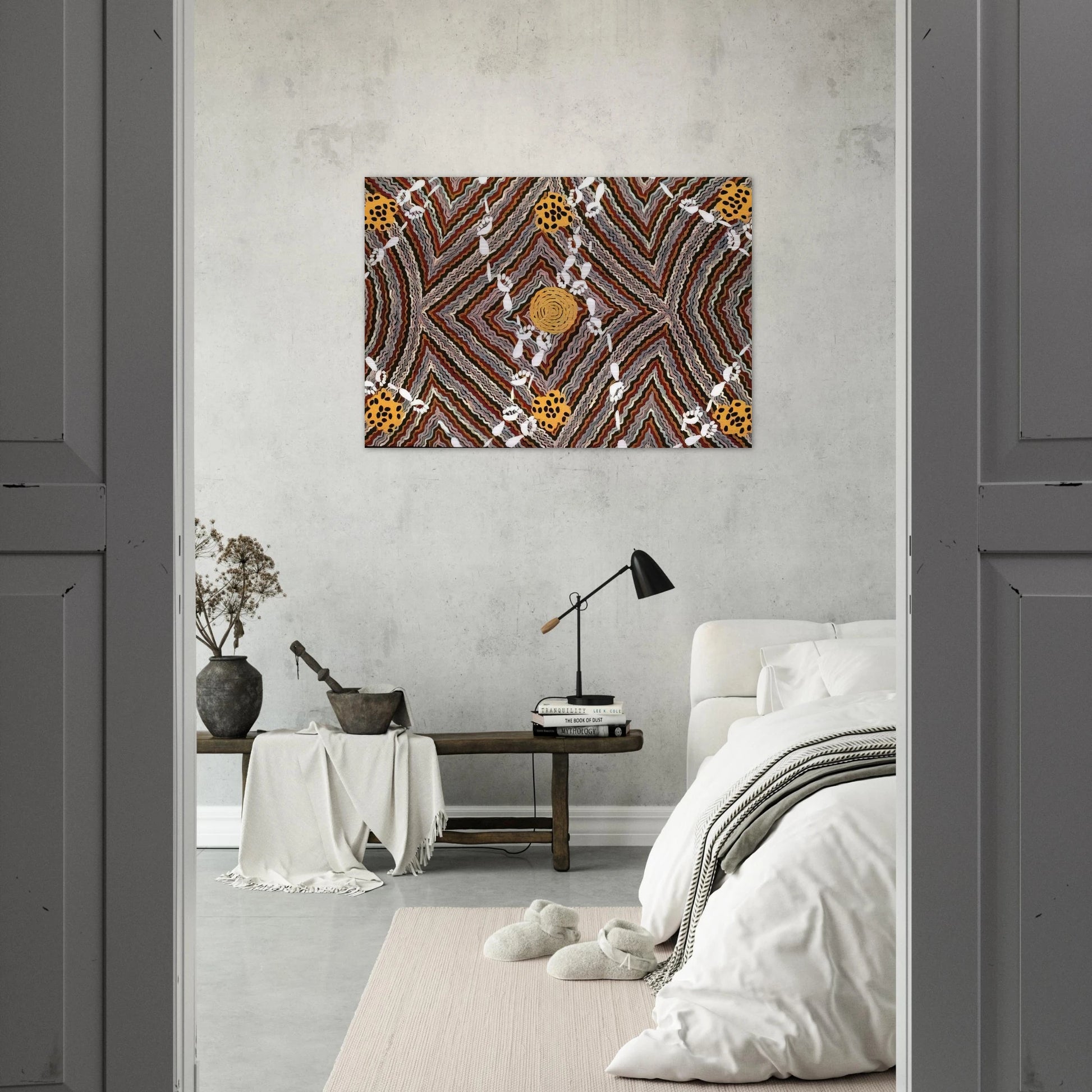 Salt Lake at Napperby - Native Art - Clifford Possum Tjapaltjarri Brushed Aluminum Print - 70x100 cm / 28x40 inches | Clifford Possum Tjapaltjarri Aluminum Print | Clifford Possum Tjapaltjarri Prints