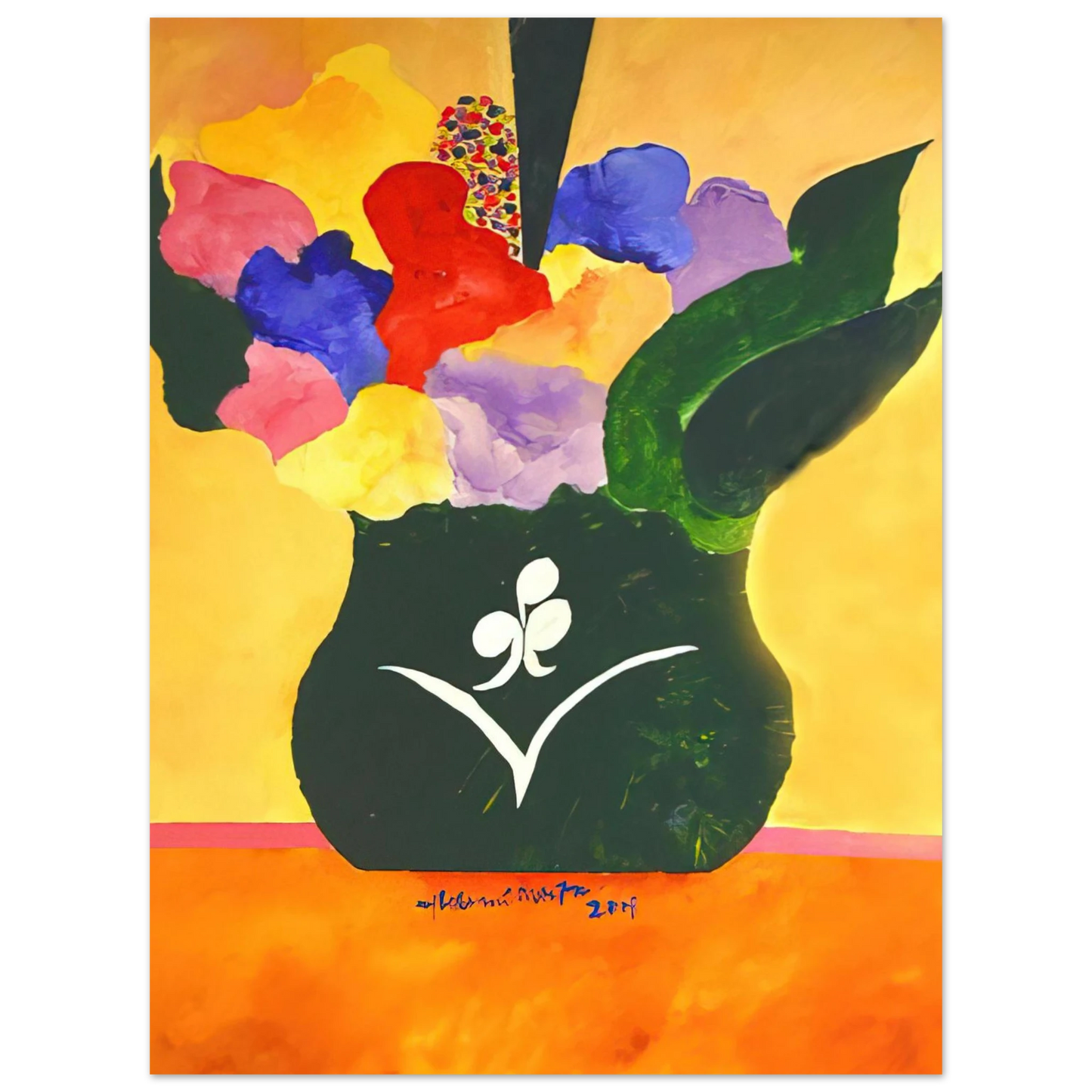Aldemir Martins - Green Vase With Flowers and Fruit - 2001  75x100 cm / 30x40inches Fine Art Poster