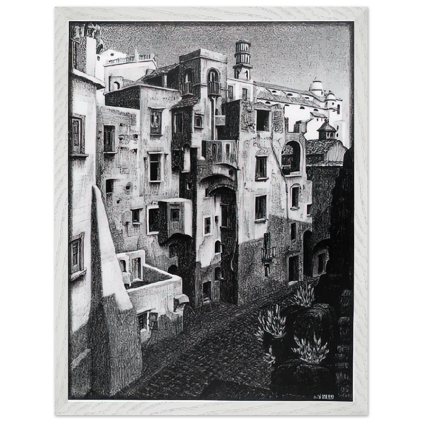 MC Escher - DILAPIDATED HOUSES IN ATRANI 1931 Wall Art - 30x40 cm / 12x16 inches - Premium Wooden Framed Poster With Fine Art Paper-canvas - White frame