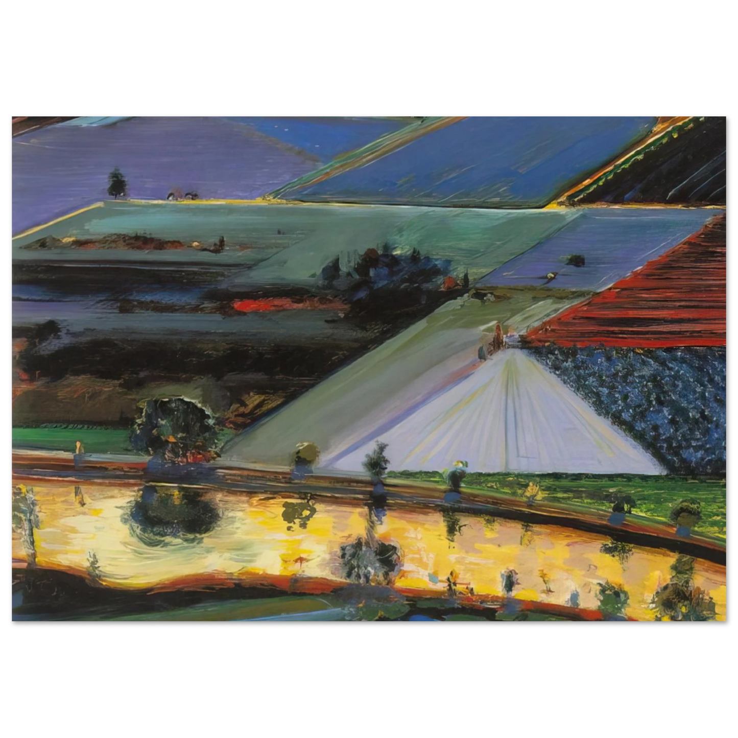 Wayne Thiebaud - Farm Channel - 1996 Wall Art - 30x40 cm / 12x16 inches - Premium Wooden Framed Poster With Fine Art Paper - Wood frame