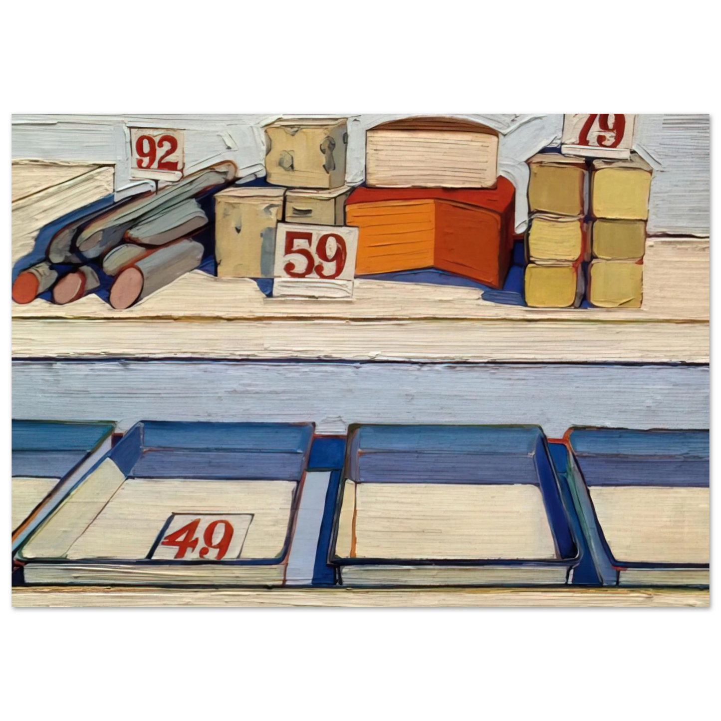 Wayne Thiebaud - Delicatessen Counter - 1962 Wall Art - 21x29.7 cm / 8x12" - Premium Wooden Framed Poster With Fine Art Paper-canvas - White frame
