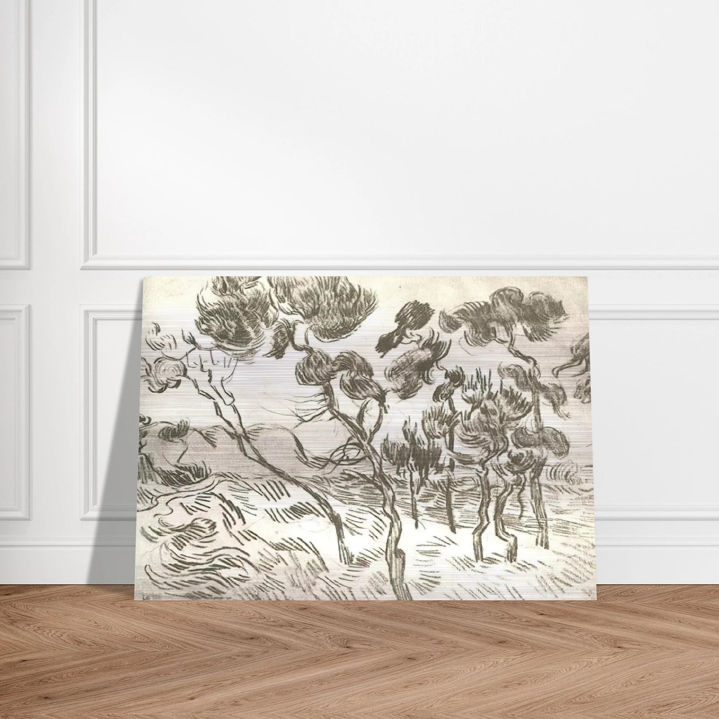 A Group of Pine Trees near a House - Vincent van Gogh Brushed Aluminum Print - 70x100 cm / 28x40 inches | Vincent van Gogh Aluminum Print | Vincent van Gogh Prints