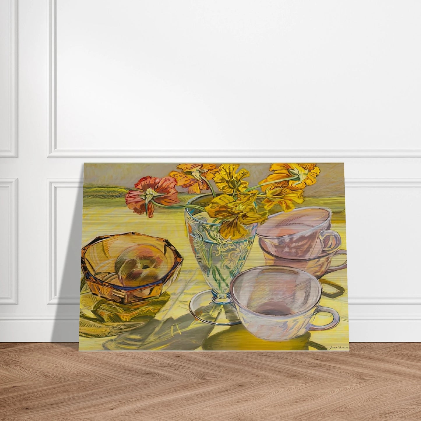 NASTURTIUMS AND PINK CUPS 1981 - Janet Fish Brushed Aluminum Print - 70x100 cm / 28x40 inches | Janet Fish Aluminum Print | Janet Fish Prints